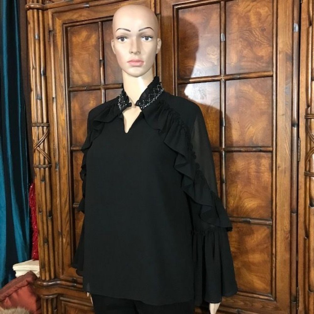 Black Ruffle Beaded Collar Poet Sleeve Chiffon Bl… - image 2